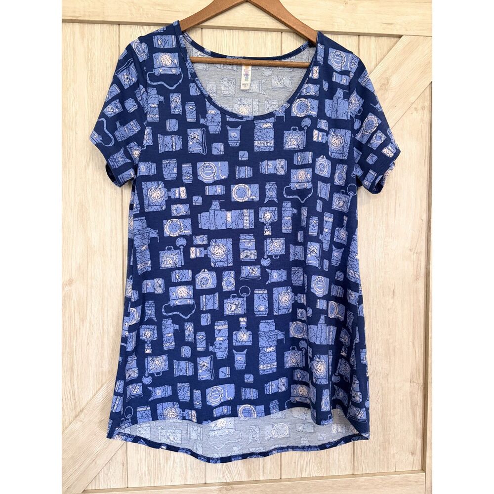 LulaRoe Classic T Blue Camera Print Top Size Large Excellent Condition
